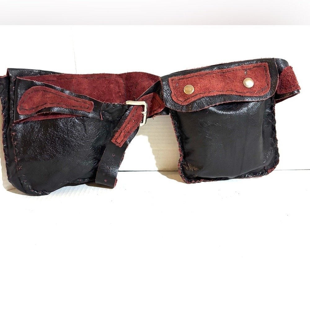 Vintage unisex Black and burgundy Leather Waist Pouch Belt Bag